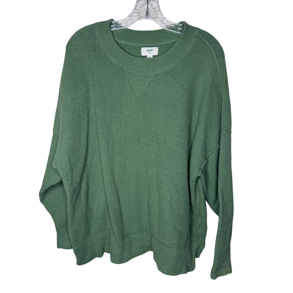 Aerie Womens M Sage Green Oversized Ribbed‎ Crew Neck Cotton Blend Knit Sweater